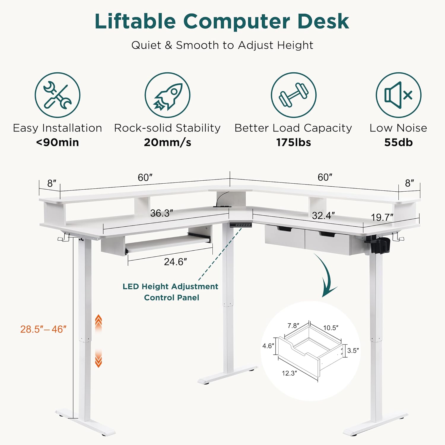 RedLemon 60 Inches L Shaped Electric Standing Desk, Height Adjustable Corner Gaming Desk with Drawers, Keyboard Tray, Power Outlets & LED Lights, Computer Desk with Monitor Shelf, Antique White - Image 2