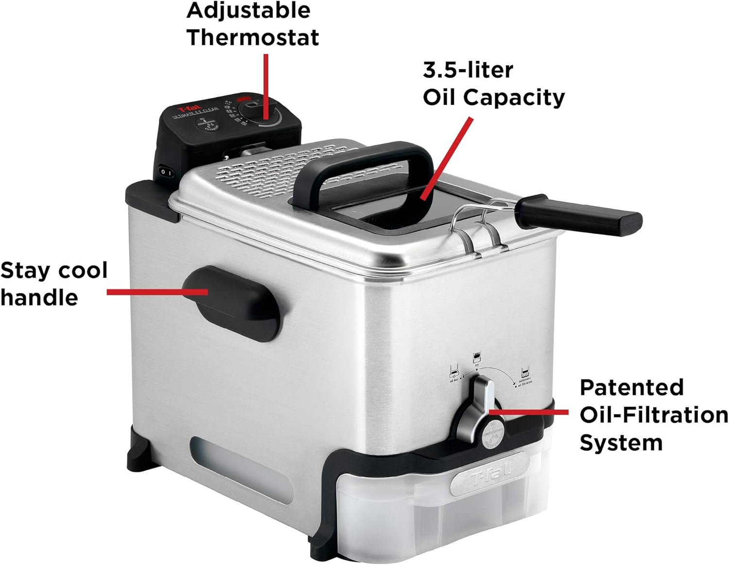 T-fal 3.5L Stainless Steel Deep Fryer with Basket for Home Use, 1700W, Deep Fryer with Oil Filtration, Temp Control, Digital Timer - Image 8