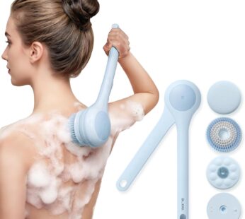 Electric Body Brush Back Scrubber for Shower, Waterproof Long Dual Handle Power Body Scrubber with 3 Heads, Rechargeable Bath Brush & 2 Speeds, for Cleansing, Exfoliating and Massaging Skin