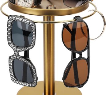 360° Rotating Sunglass Organizer Storage, Stainless Steel Glasses Holder Stand, Glasses Organizer with Tray for Desk, Dresser, Tabletop, Nightstand and Home Decor (Gold)