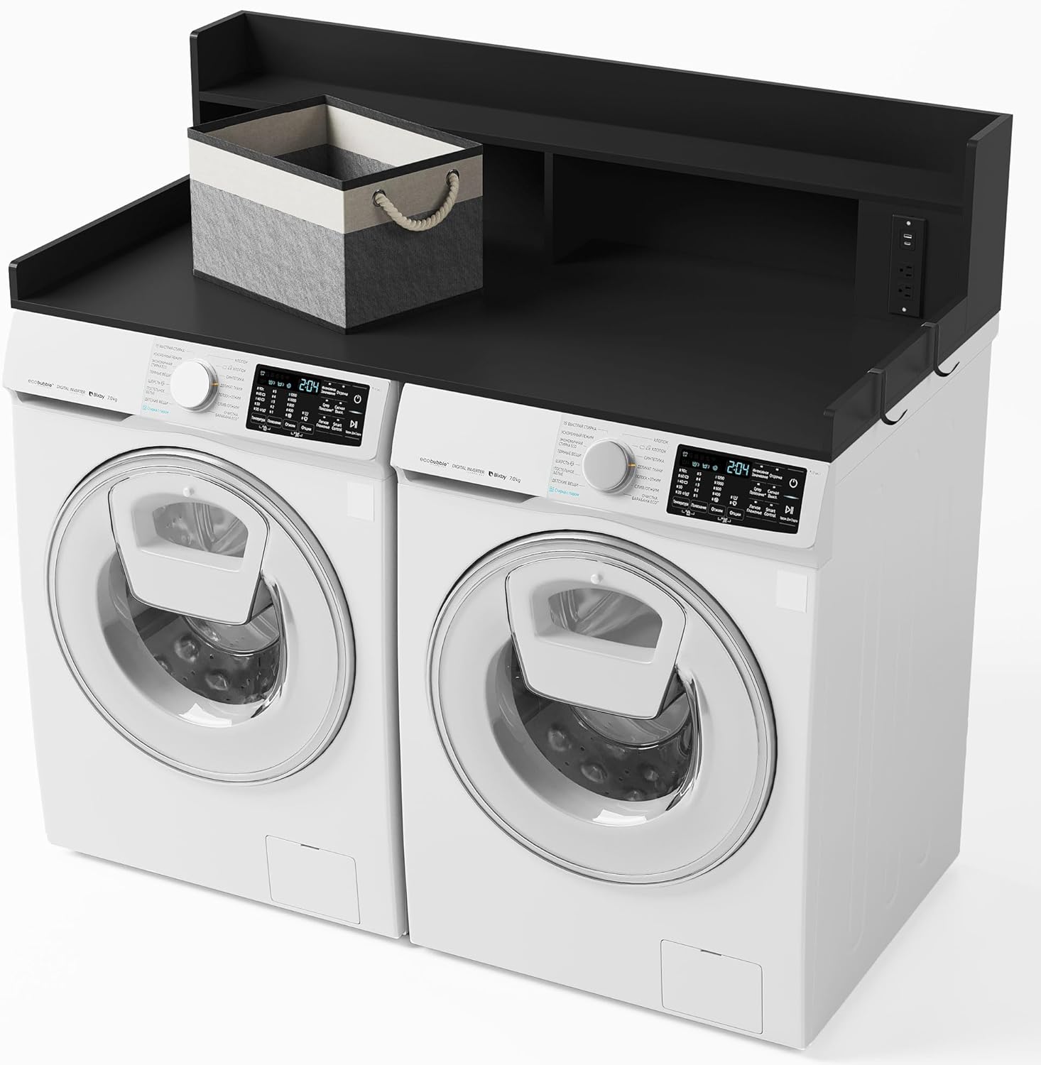 Upgraded 2-Tier Washer and Dryer Countertop with Power Outlet,54" W x 27.6" D Large Laundry Countertop for Fold Clothes, Laundry Topper with Non-Slip Pads & Metal Hooks and Storage Basket - Image 7