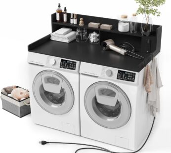 Upgraded 2-Tier Washer and Dryer Countertop with Power Outlet,54″ W x 27.6″ D Large Laundry Countertop for Fold Clothes, Laundry Topper with Non-Slip Pads & Metal Hooks and Storage Basket