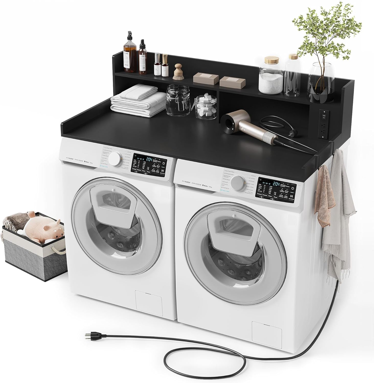 Upgraded 2-Tier Washer and Dryer Countertop with Power Outlet,54" W x 27.6" D Large Laundry Countertop for Fold Clothes, Laundry Topper with Non-Slip Pads & Metal Hooks and Storage Basket