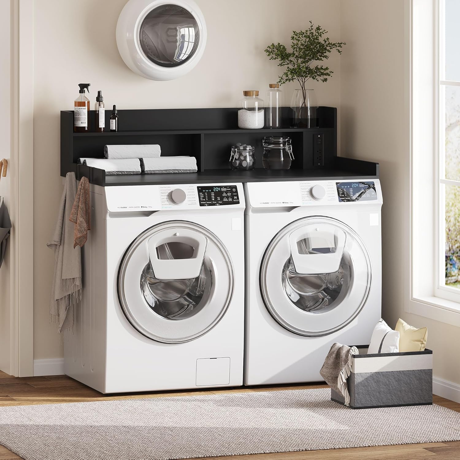 Upgraded 2-Tier Washer and Dryer Countertop with Power Outlet,54" W x 27.6" D Large Laundry Countertop for Fold Clothes, Laundry Topper with Non-Slip Pads & Metal Hooks and Storage Basket - Image 2