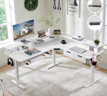 RedLemon 60 Inches L Shaped Electric Standing Desk, Height Adjustable Corner Gaming Desk with Drawers, Keyboard Tray, Power Outlets & LED Lights, Computer Desk with Monitor Shelf, Antique White