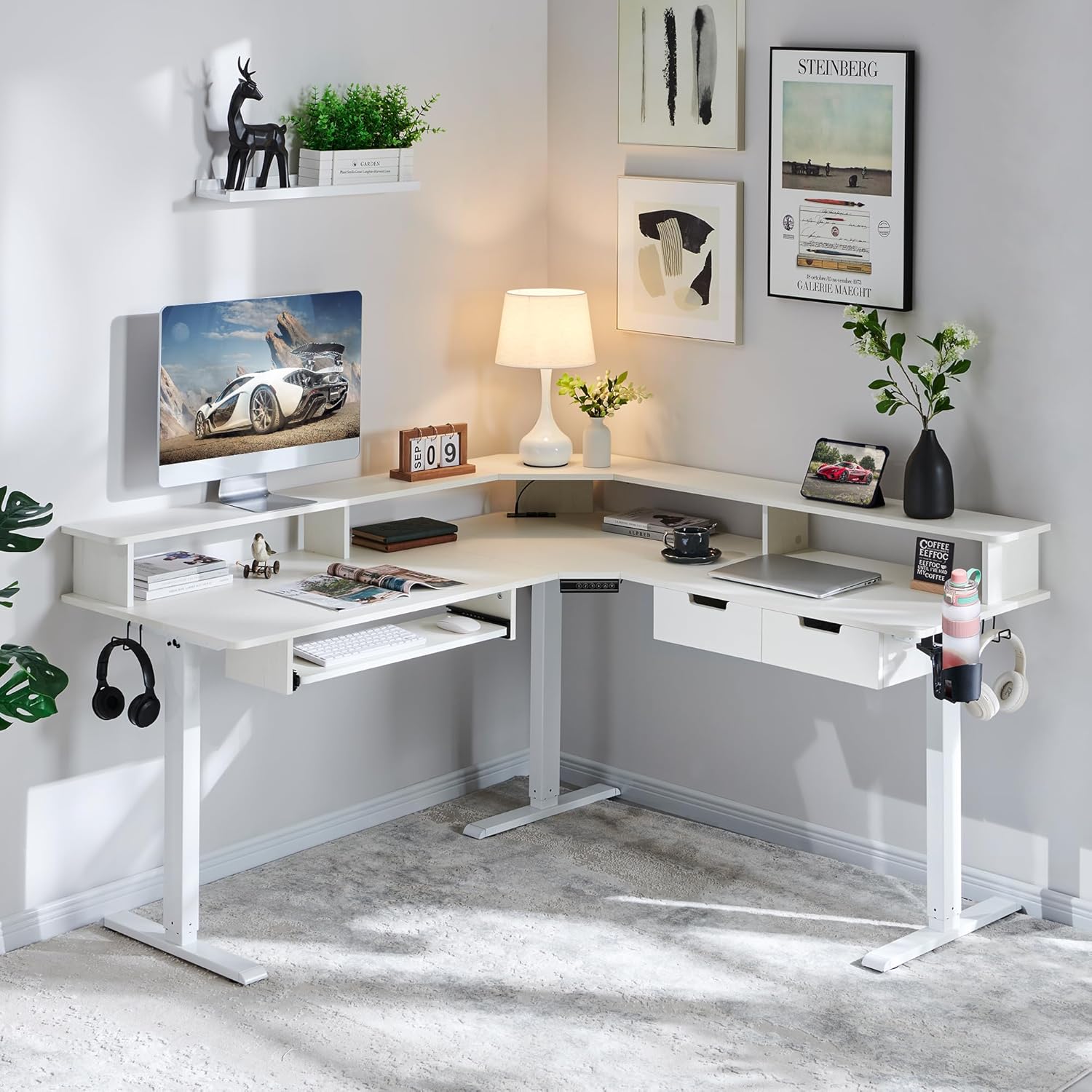 RedLemon 60 Inches L Shaped Electric Standing Desk, Height Adjustable Corner Gaming Desk with Drawers, Keyboard Tray, Power Outlets & LED Lights, Computer Desk with Monitor Shelf, Antique White - Image 7
