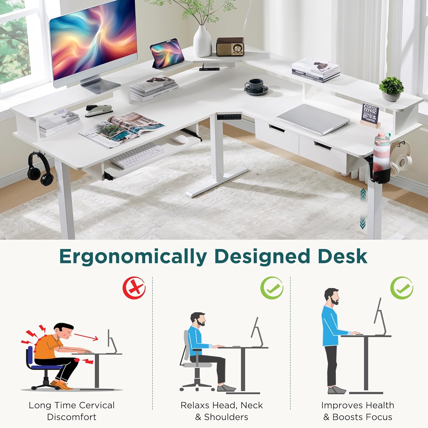 RedLemon 60 Inches L Shaped Electric Standing Desk, Height Adjustable Corner Gaming Desk with Drawers, Keyboard Tray, Power Outlets & LED Lights, Computer Desk with Monitor Shelf, Antique White - Image 4