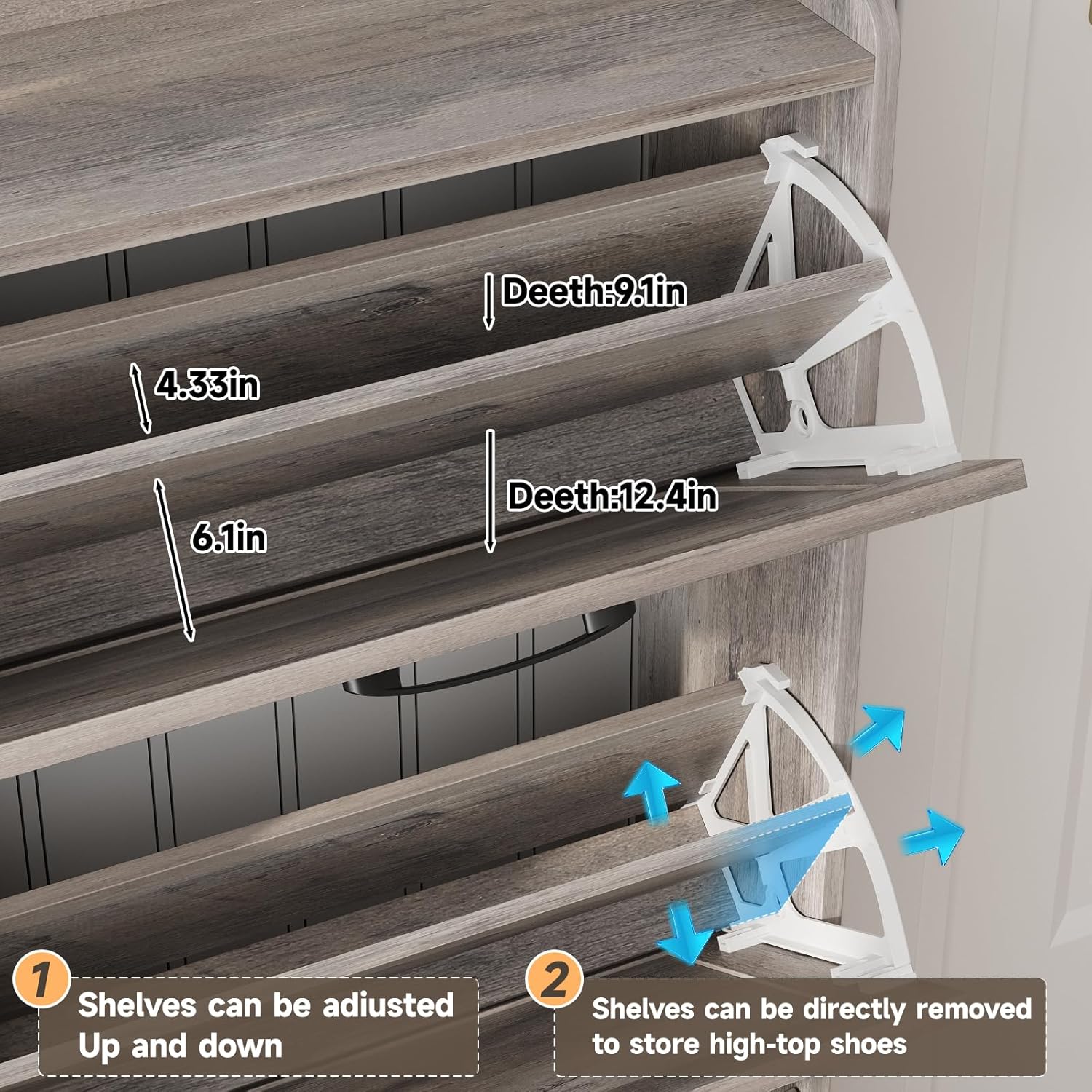 Maupvit Shoe Cabinet with 2 Flip Drawers, Freestanding Shoe Cabinet Organizer with Metal Legs, Shoes Storage Cabinet for Entryway, Narrow Shoe Rack Cabinet, Washed Gray - Image 5