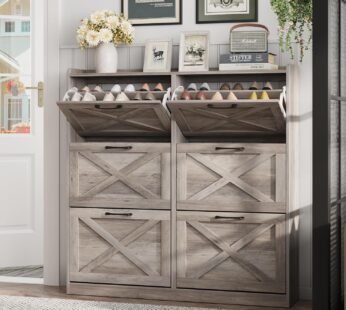 Maupvit Shoe Cabinet with 2 Flip Drawers, Freestanding Shoe Cabinet Organizer with Metal Legs, Shoes Storage Cabinet for Entryway, Narrow Shoe Rack Cabinet, Washed Gray