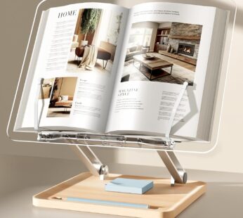 Adjustable Acrylic Book Stand for Reading, Book Holder with Pen Slot, Foldable Desktop Riser for Laptop, Recipe, Textbook – Hands-Free,Cookbook Stand, Clear Design with Page Clips