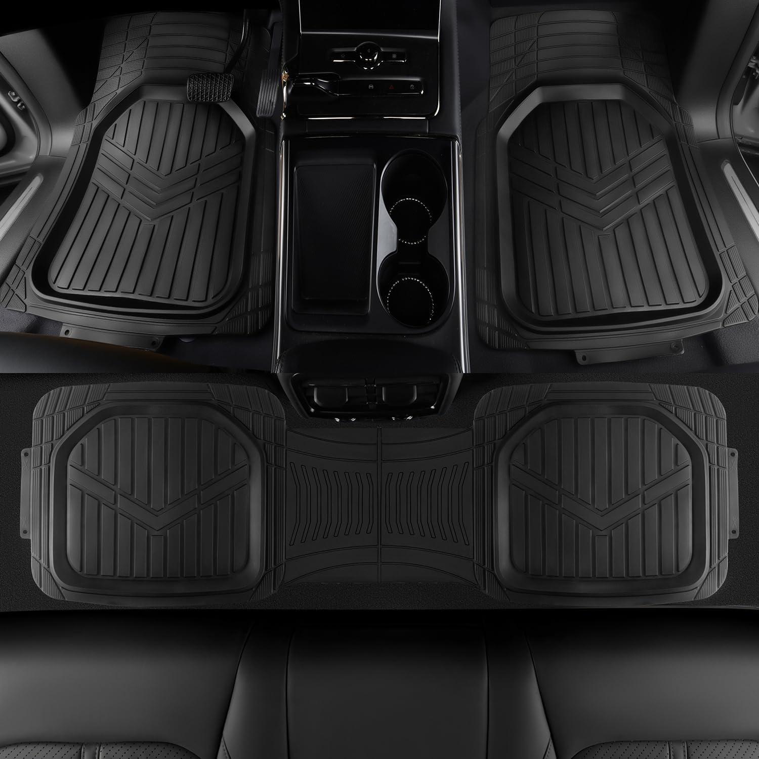 Amazon Basics 3-Piece All-Weather Heavy Duty, Full Set Rubber Floor Mats for Universal Fit in Cars, SUVs, and Trucks, Black, Trim to Customize - Image 2