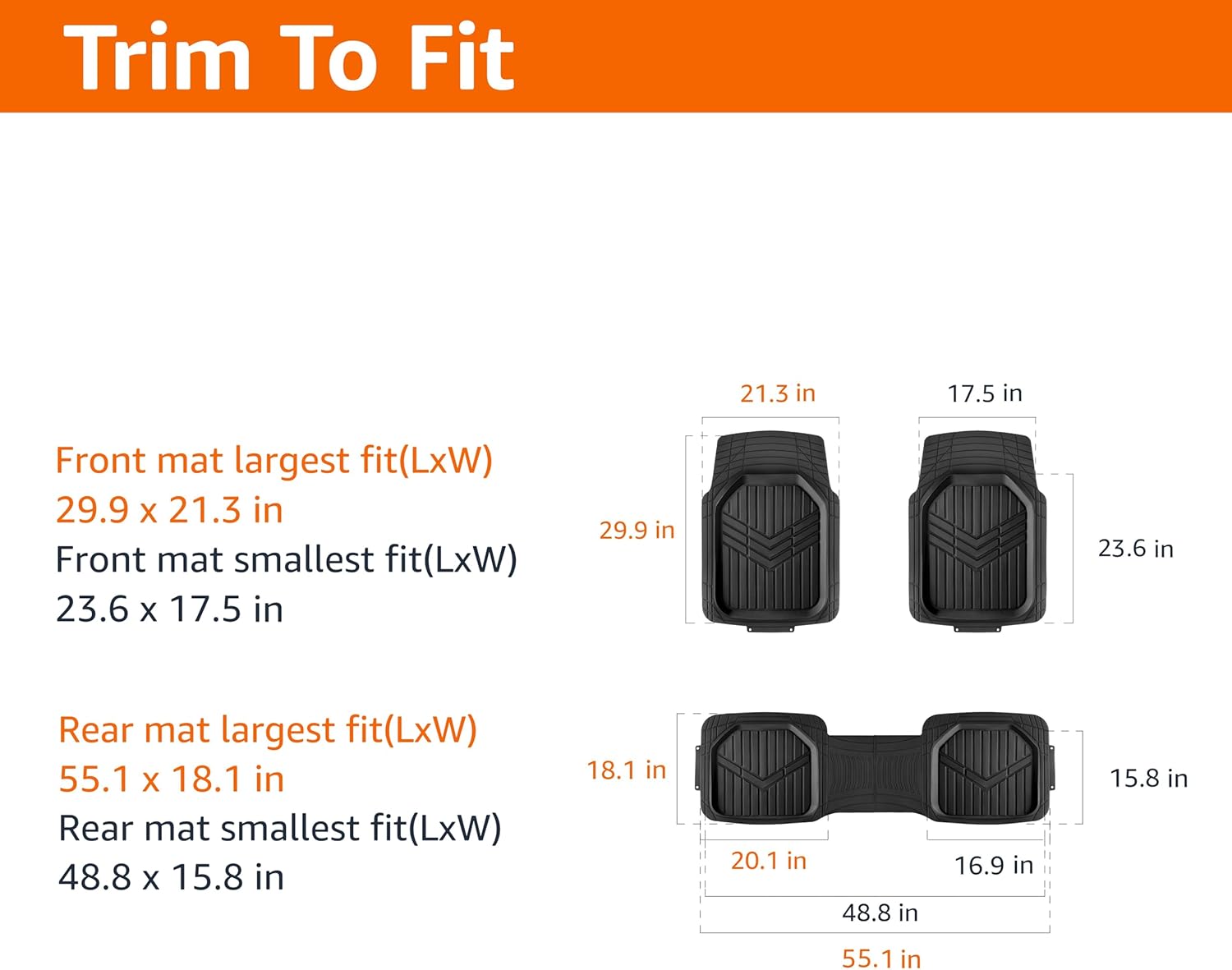Amazon Basics 3-Piece All-Weather Heavy Duty, Full Set Rubber Floor Mats for Universal Fit in Cars, SUVs, and Trucks, Black, Trim to Customize - Image 3