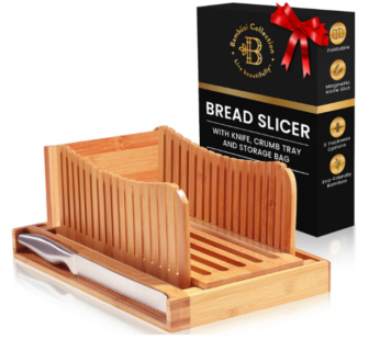 Bread Slicer for Homemade Bread – Adjustable Bamboo Bread Cutter with Knife, Foldable Slicing Guide & Crumb Tray – Bread Loaf Slicer for Sourdough, Cakes, Bagels, Loaves – Kitchen Baking Tool & Gift