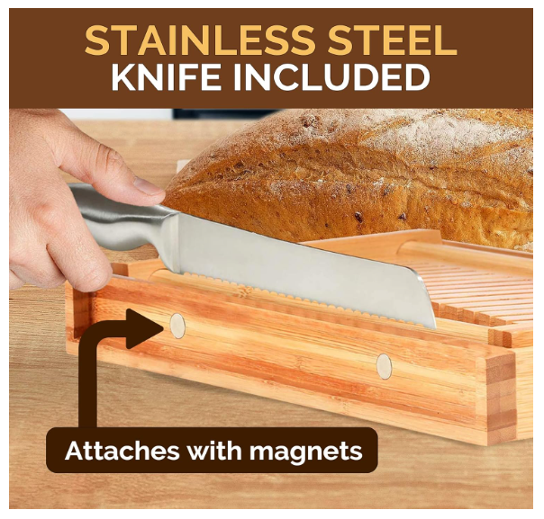 Bread Slicer for Homemade Bread - Adjustable Bamboo Bread Cutter with Knife, Foldable Slicing Guide & Crumb Tray - Bread Loaf Slicer for Sourdough, Cakes, Bagels, Loaves - Kitchen Baking Tool & Gift - Image 6