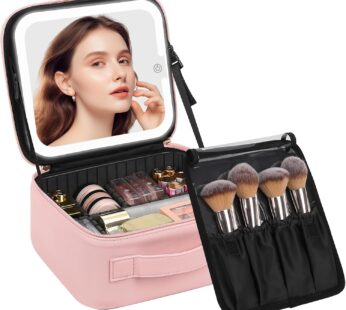 Chomeiu Makeup Bag with LED Mirror, Cute Cosmetic Bags Birthday Gifts for Girls Women, Makeup Train Case Artists Organizer Large Make Up Bags with Light Up Mirror 3 Color Lights, Pink