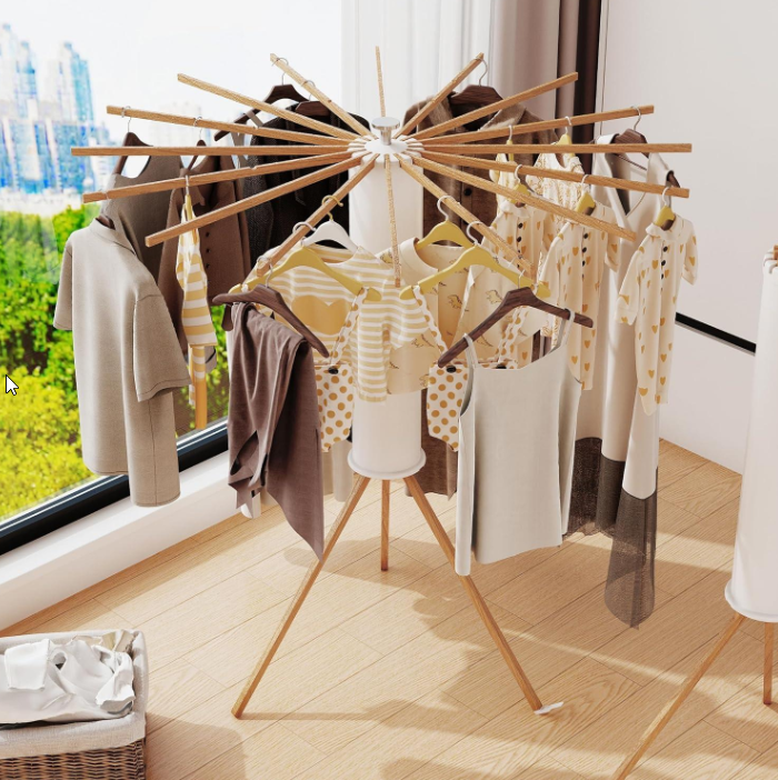 Clothes Drying Rack Tripod,Drying Rack Clothing,Laundry Drying Rack,Floor Standing,16 Wooden Poles,Collapsible Drying Racks for Laundry,Retractable,Foldable,Folding