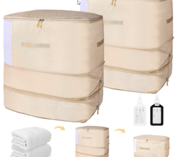 Comforter Storage Bag – 130L Large Capacity Blanket Storage Bags 4-Layer Ultra Space Saving Self Compression Organizer, Washable Compression Bags for Storage Comforter Blanket, 2-Pack, Beige