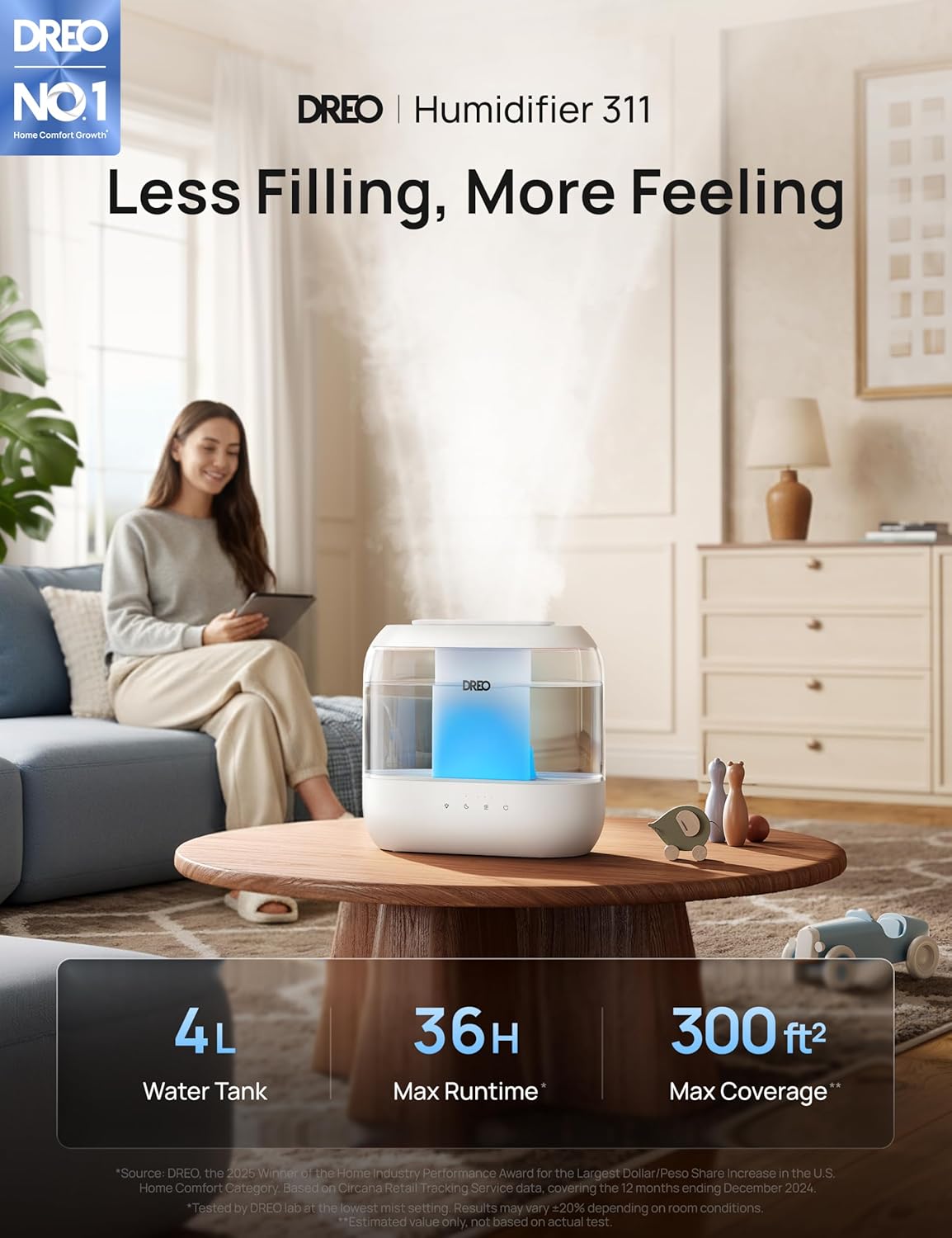 Dreo Humidifiers for Bedroom, 4L Top Fill for Large Room, 36H Runtime, 28 dB Quiet Supersized Cool Mist Air Humidifier for Baby Nursery, Plants, Indoor, Night Light, Easy to Clean & Fill - Image 3