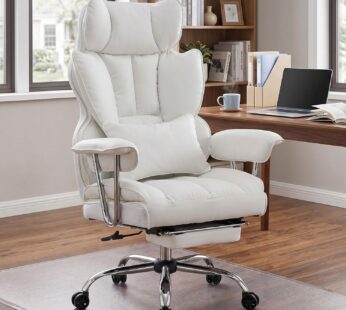 Efomao Big and Tall Office Chair 400lbs – High Back PU Leather Executive Chair with Lumbar Support, Footrest, Swivel Base, Padded Armrests, and Rolling Wheels for Home Office, White Computer Chair