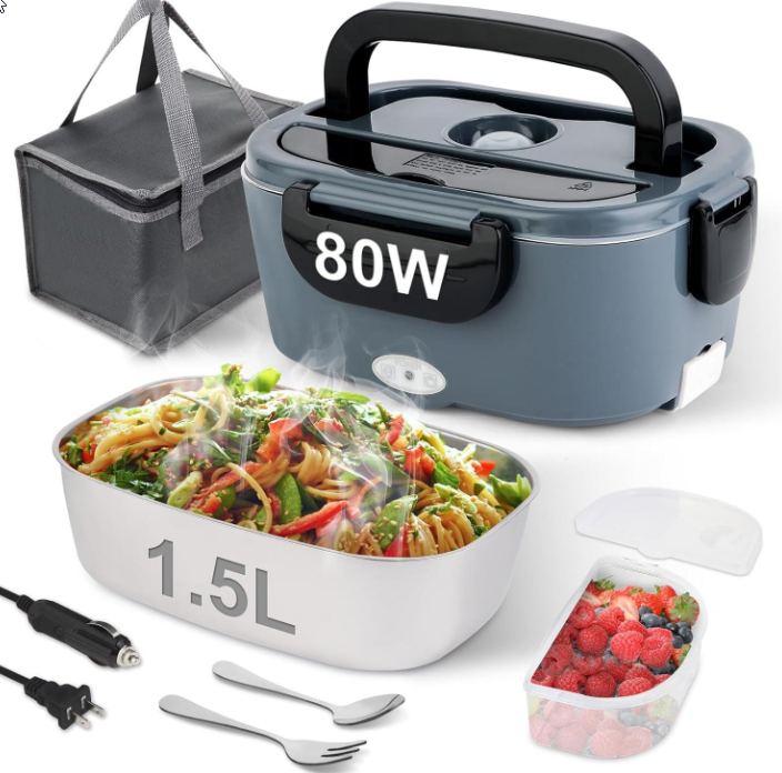 Electric Lunch Box for Adults, 80W Heated Lunch Box 1.5L Stainless Steel Portable Food Warmer, 12/24/110V Lonchera Electrica Portatil for Travel & Work, Loncheras para Hombres de Trabajo