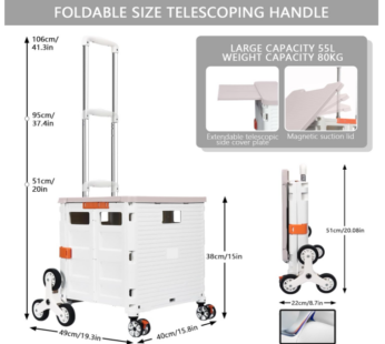 Foldable Utility Cart with Stair Climbing Wheels,Collapsible Rolling Crate with Magnetic Lid Telescopic Cover,Telescoping Handle,360° Rotate Wheel Hand Cart for Teacher Shopping Moving(Milky White)