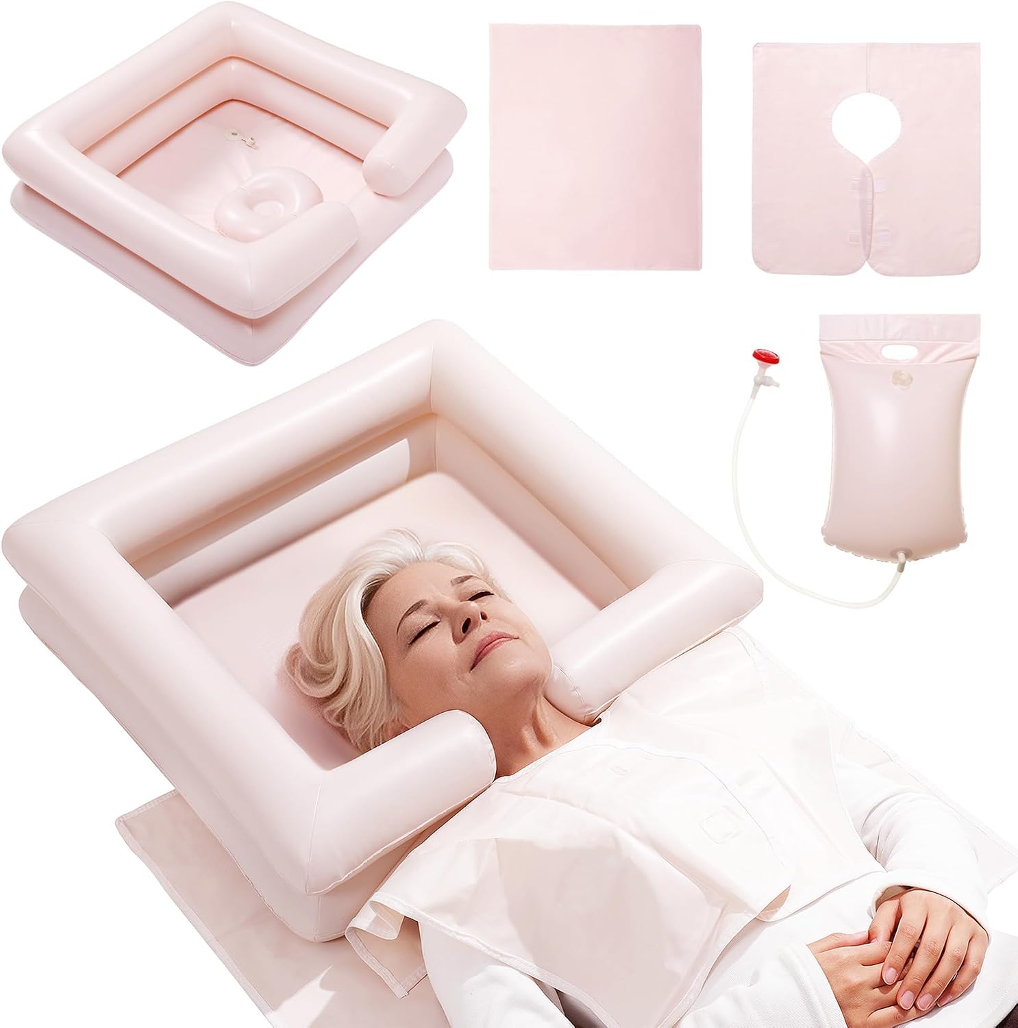 Inflatable Bedside Shampoo Set with Water Bag and Waterproof Shawl. Wash Hair in Bed for Children, the Elderly, Pregnant Women, Post-surgery or Bedridden Patients. Water Bag Capacity 2.1 Gallons (8L)