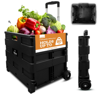 Inspired Living Collapsible Ultra-Slim Pack-N-Roll, 2 Wheel Utility Cart , With Telescopic Handle – Super Strong up to 80 Lbs Load Capacity, Black