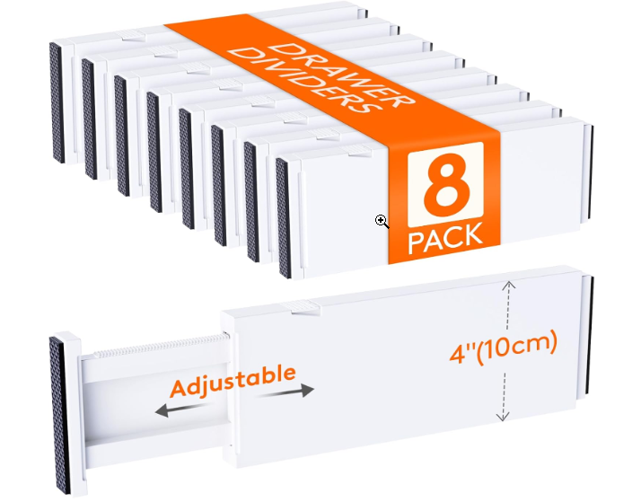 Lifewit 8 Pack Drawer Dividers 4" High,11-17" Adjustable Dresser Drawer Organizers for Clothes, Expandable Dresser Separators in Bedroom/Bathroom/Kitchen/Vanity/Office Organization and Storage, White