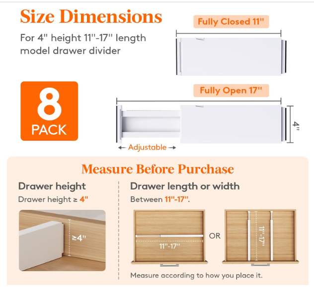 Lifewit 8 Pack Drawer Dividers 4" High,11-17" Adjustable Dresser Drawer Organizers for Clothes, Expandable Dresser Separators in Bedroom/Bathroom/Kitchen/Vanity/Office Organization and Storage, White - Image 3