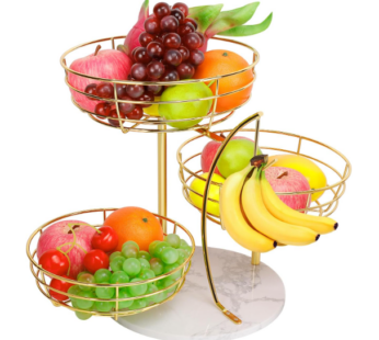 Livabber Fruit Basket Bowl with Banana Hanger, Metal Fruit Vegetable Storage Basket with Banana Holder for Kitchen Counter, Detachable Organizer for Bread Snack Produce (Gold, 3-Tier Marble Base)