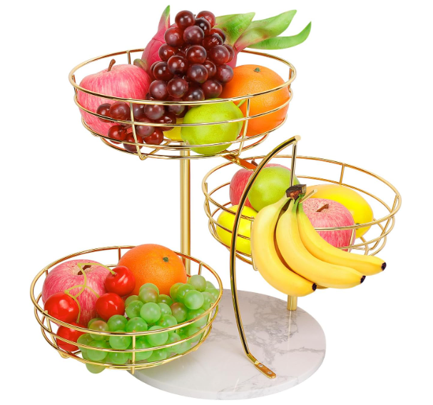 Livabber Fruit Basket Bowl with Banana Hanger, Metal Fruit Vegetable Storage Basket with Banana Holder for Kitchen Counter, Detachable Organizer for Bread Snack Produce (Gold, 3-Tier Marble Base)