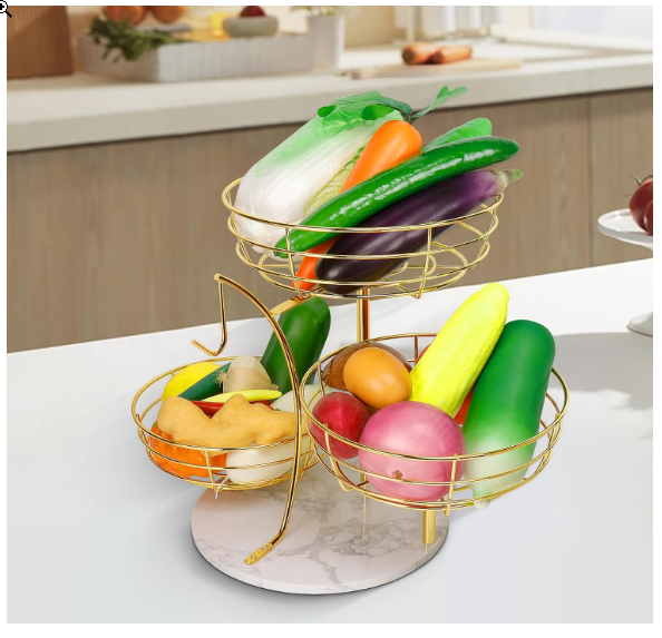 Livabber Fruit Basket Bowl with Banana Hanger, Metal Fruit Vegetable Storage Basket with Banana Holder for Kitchen Counter, Detachable Organizer for Bread Snack Produce (Gold, 3-Tier Marble Base) - Image 3