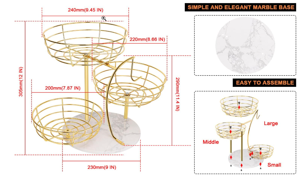 Livabber Fruit Basket Bowl with Banana Hanger, Metal Fruit Vegetable Storage Basket with Banana Holder for Kitchen Counter, Detachable Organizer for Bread Snack Produce (Gold, 3-Tier Marble Base) - Image 4