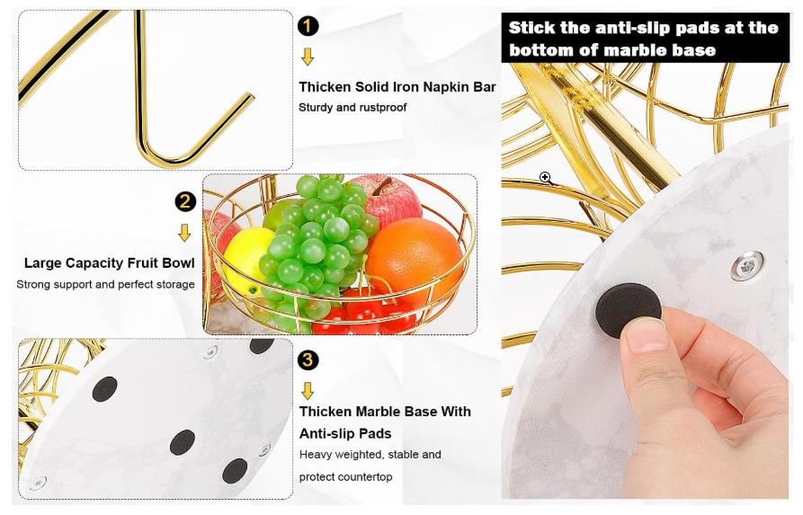 Livabber Fruit Basket Bowl with Banana Hanger, Metal Fruit Vegetable Storage Basket with Banana Holder for Kitchen Counter, Detachable Organizer for Bread Snack Produce (Gold, 3-Tier Marble Base) - Image 5