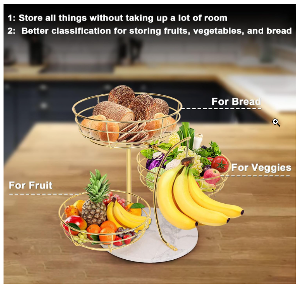 Livabber Fruit Basket Bowl with Banana Hanger, Metal Fruit Vegetable Storage Basket with Banana Holder for Kitchen Counter, Detachable Organizer for Bread Snack Produce (Gold, 3-Tier Marble Base) - Image 6