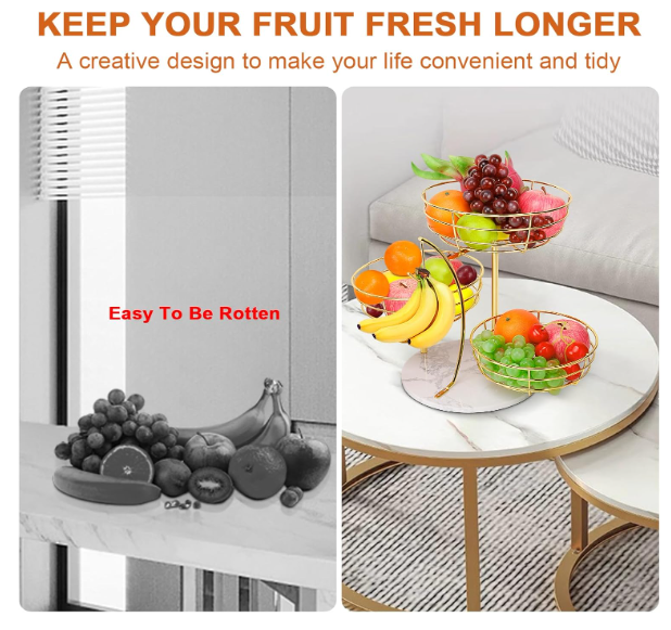 Livabber Fruit Basket Bowl with Banana Hanger, Metal Fruit Vegetable Storage Basket with Banana Holder for Kitchen Counter, Detachable Organizer for Bread Snack Produce (Gold, 3-Tier Marble Base) - Image 7