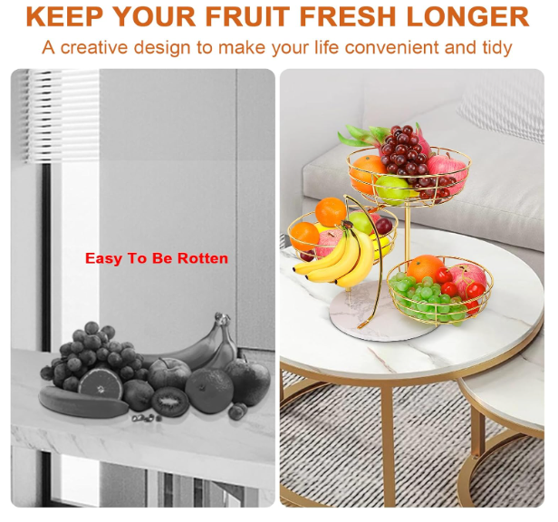 Livabber Fruit Basket Bowl with Banana Hanger, Metal Fruit Vegetable Storage Basket with Banana Holder for Kitchen Counter, Detachable Organizer for Bread Snack Produce (Gold, 3-Tier Marble Base) - Image 8