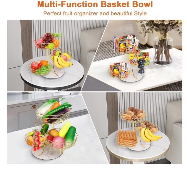 Livabber Fruit Basket Bowl with Banana Hanger, Metal Fruit Vegetable Storage Basket with Banana Holder for Kitchen Counter, Detachable Organizer for Bread Snack Produce (Gold, 3-Tier Marble Base) - Image 9