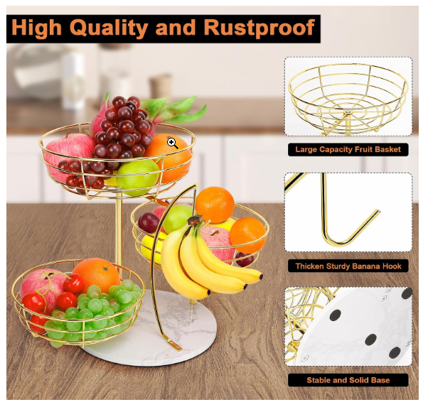Livabber Fruit Basket Bowl with Banana Hanger, Metal Fruit Vegetable Storage Basket with Banana Holder for Kitchen Counter, Detachable Organizer for Bread Snack Produce (Gold, 3-Tier Marble Base) - Image 10