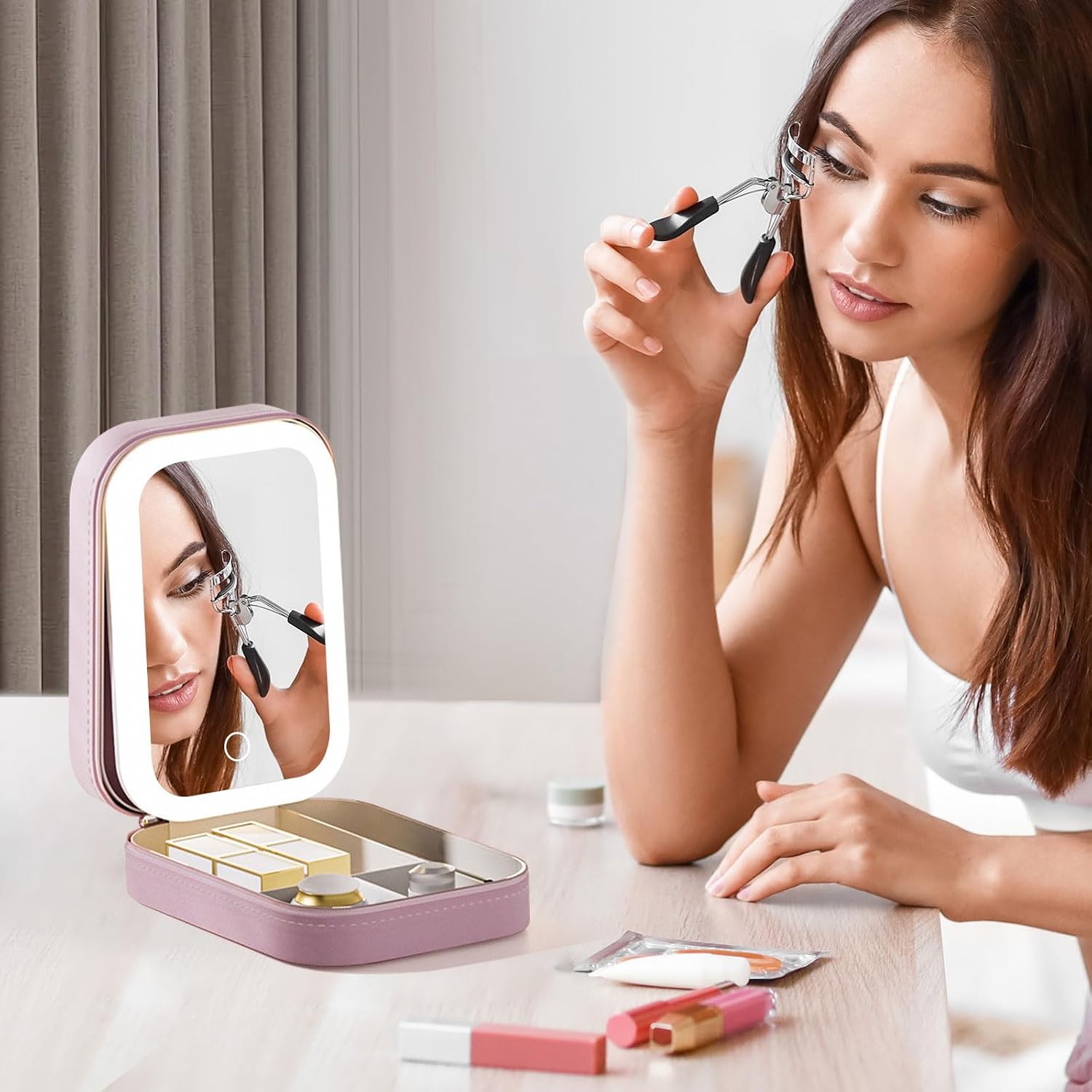 LiveGo 3-Color LED Travel Jewelry Case and Makeup Bag with Mirror, Dust-Proof Jewelry Box, 10 Sealed Jewelry Bags - Compact Cosmetic Mirror Case for Women Girls Travel Essentials (Pink) - Image 2