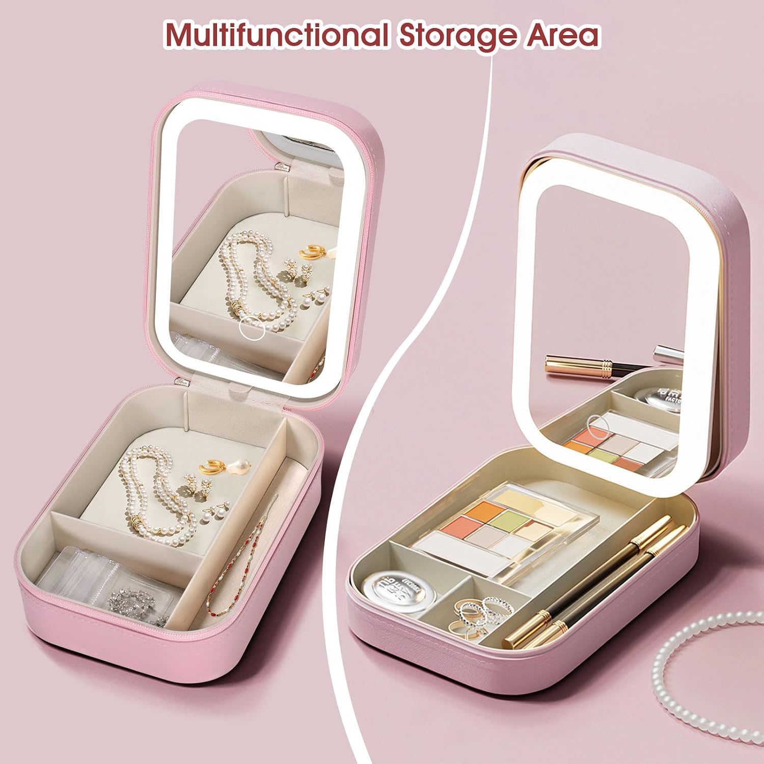 LiveGo 3-Color LED Travel Jewelry Case and Makeup Bag with Mirror, Dust-Proof Jewelry Box, 10 Sealed Jewelry Bags - Compact Cosmetic Mirror Case for Women Girls Travel Essentials (Pink) - Image 3