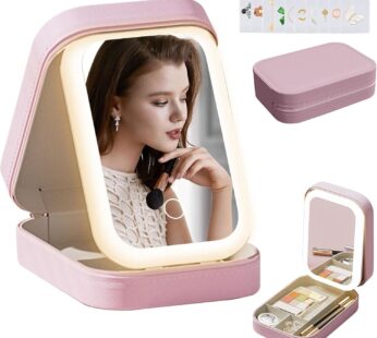 LiveGo 3-Color LED Travel Jewelry Case and Makeup Bag with Mirror, Dust-Proof Jewelry Box, 10 Sealed Jewelry Bags – Compact Cosmetic Mirror Case for Women Girls Travel Essentials (Pink)