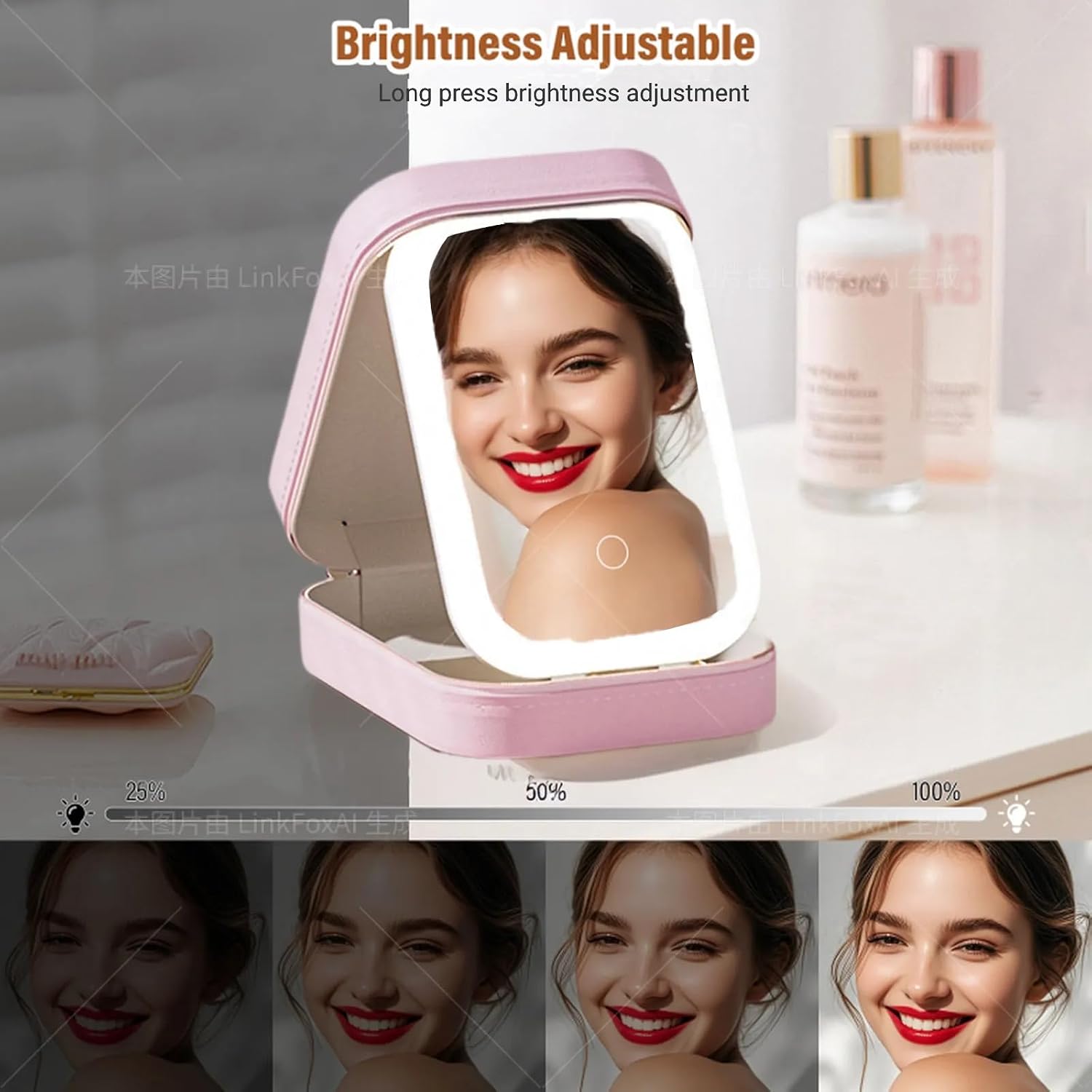 LiveGo 3-Color LED Travel Jewelry Case and Makeup Bag with Mirror, Dust-Proof Jewelry Box, 10 Sealed Jewelry Bags - Compact Cosmetic Mirror Case for Women Girls Travel Essentials (Pink) - Image 4
