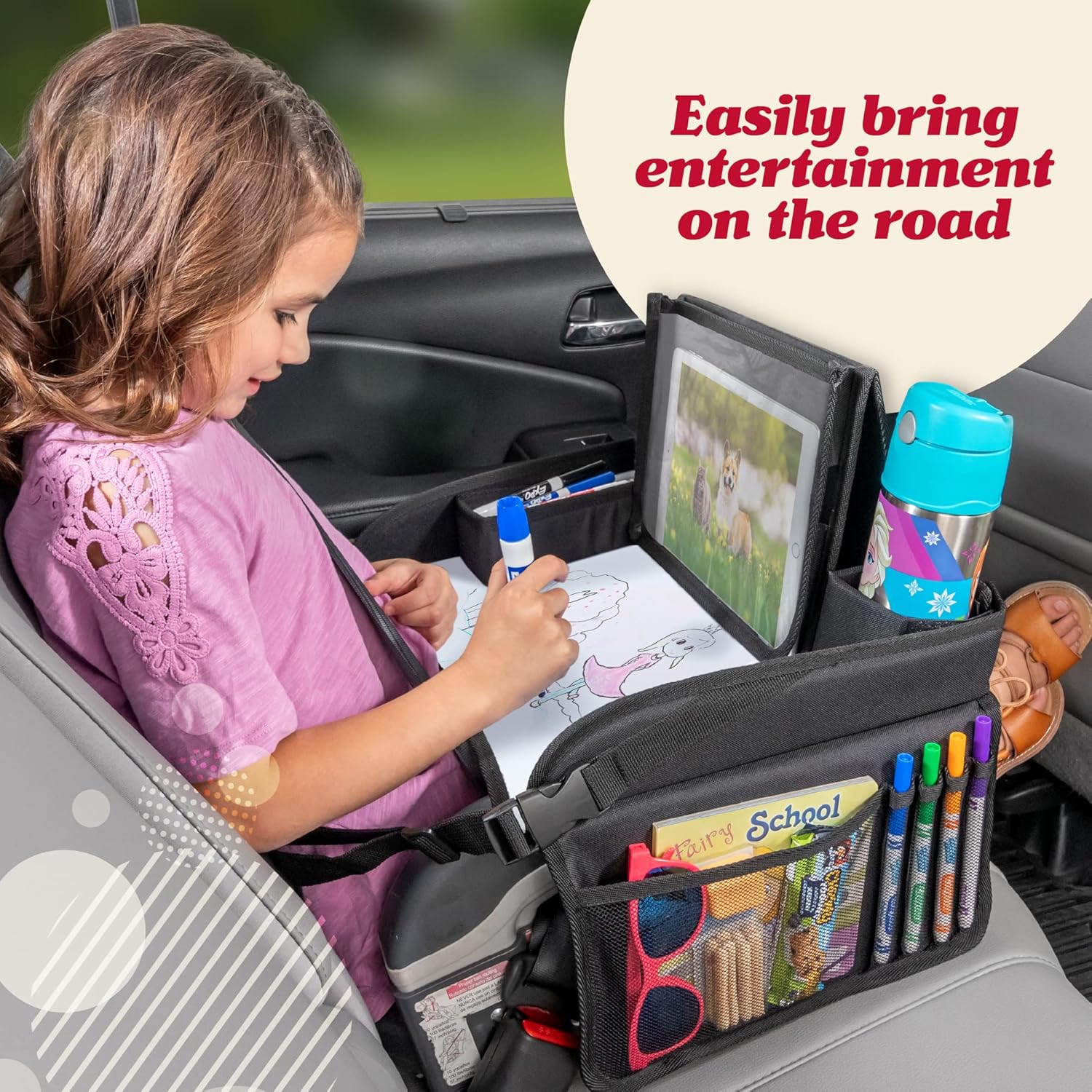 Lusso Gear Kids Travel Tray for Car - Road Trip Essentials for Kids - Car Seat Tray for Travel - Toddler Travel Lap Desk and Organizer - Holds Snacks, Water Bottle, Toys (Blue) - Image 2