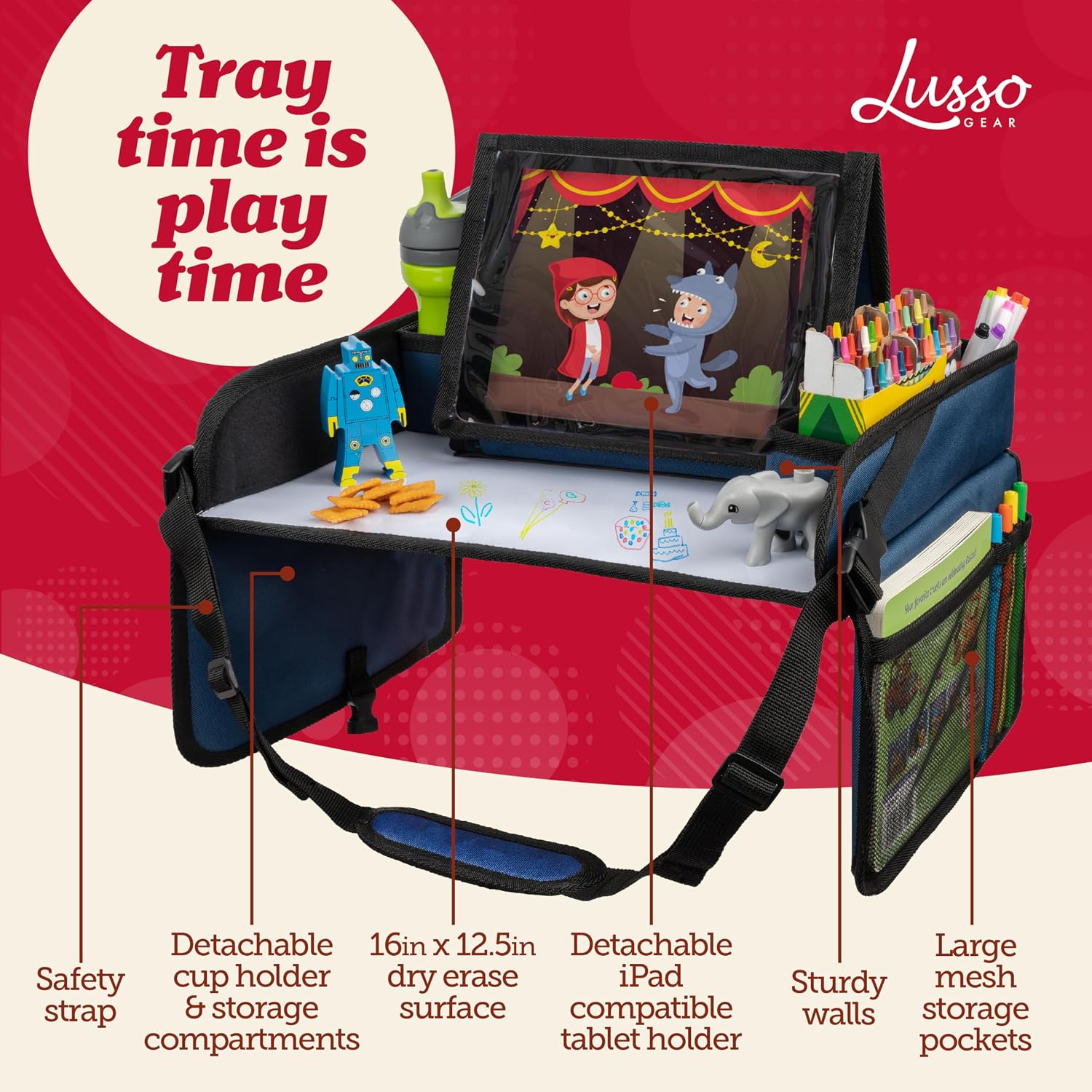 Lusso Gear Kids Travel Tray for Car - Road Trip Essentials for Kids - Car Seat Tray for Travel - Toddler Travel Lap Desk and Organizer - Holds Snacks, Water Bottle, Toys (Blue) - Image 3