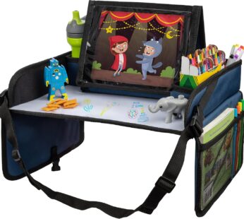 Lusso Gear Kids Travel Tray for Car – Road Trip Essentials for Kids – Car Seat Tray for Travel – Toddler Travel Lap Desk and Organizer – Holds Snacks, Water Bottle, Toys (Blue)