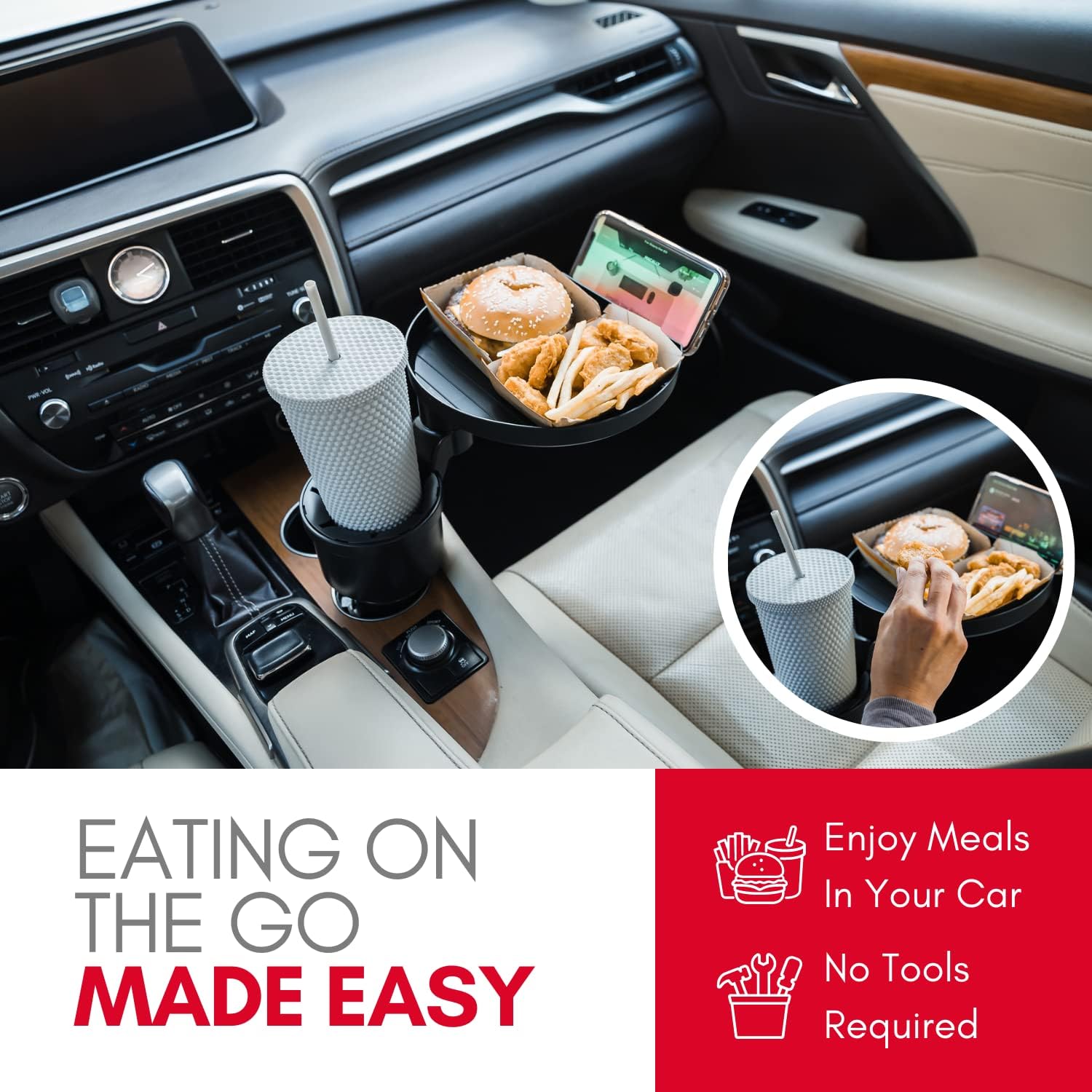 Macally Car Cup Holder Tray and Cup Holder Expander with Phone Slot - Enjoy Your Meal - 9" Food Tray Table and Drink Holder for Yeti, Hydroflask, etc. - Image 2