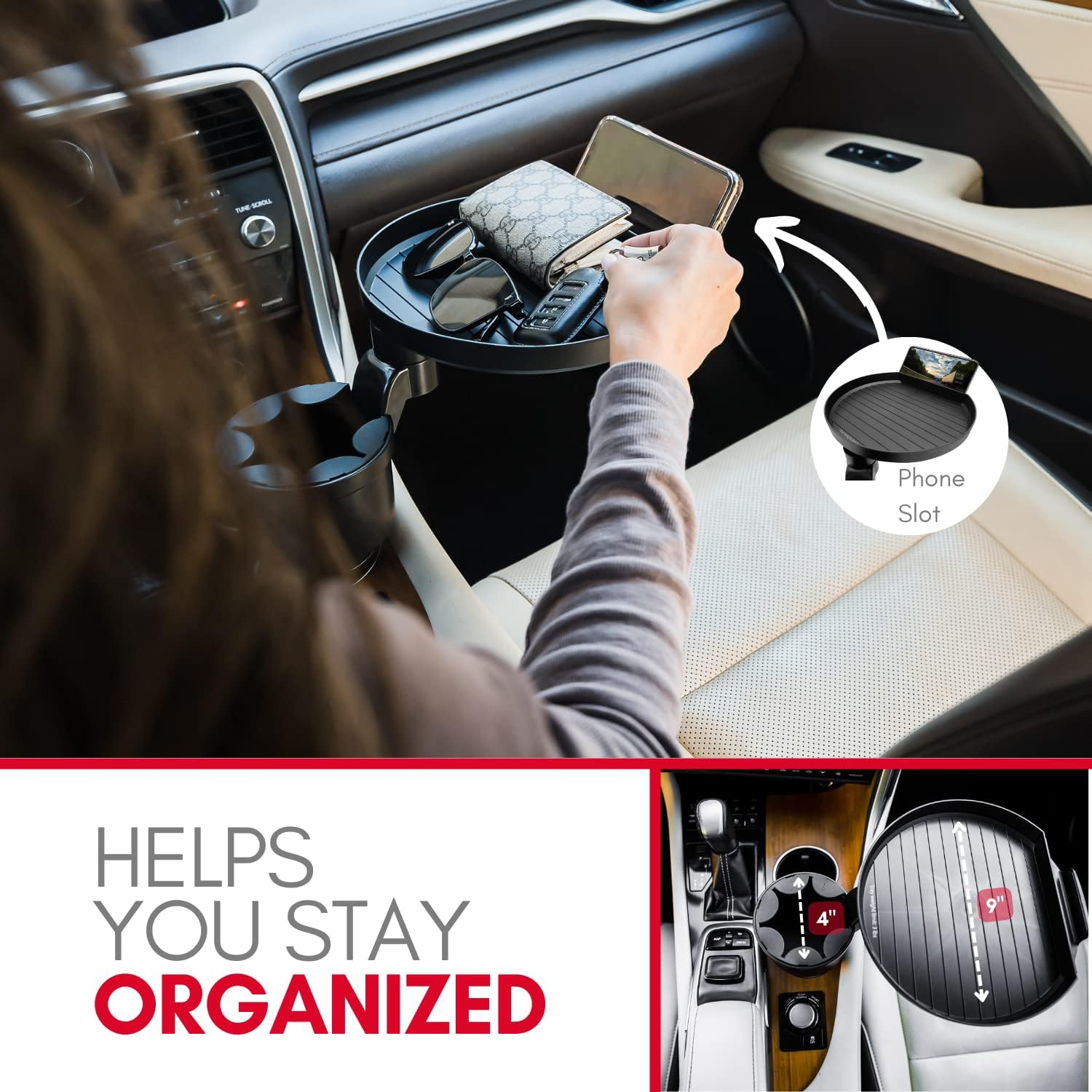 Macally Car Cup Holder Tray and Cup Holder Expander with Phone Slot - Enjoy Your Meal - 9" Food Tray Table and Drink Holder for Yeti, Hydroflask, etc. - Image 3