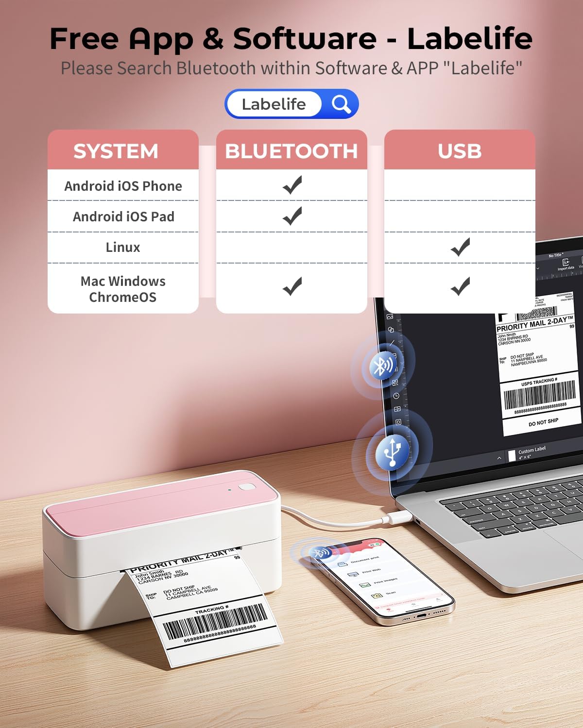 Phomemo Bluetooth Thermal Label Printer, 241BT 4X6 Wireless Shipping Labels Printer for Small Business, Pink Label Printers for Shipping Package, Compatible with iPhone, Android, Amazon, Shopify, USPS - Image 2