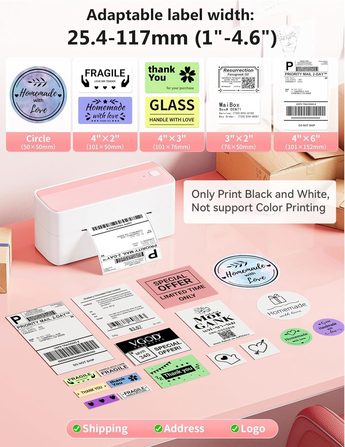 Phomemo Bluetooth Thermal Label Printer, 241BT 4X6 Wireless Shipping Labels Printer for Small Business, Pink Label Printers for Shipping Package, Compatible with iPhone, Android, Amazon, Shopify, USPS - Image 3